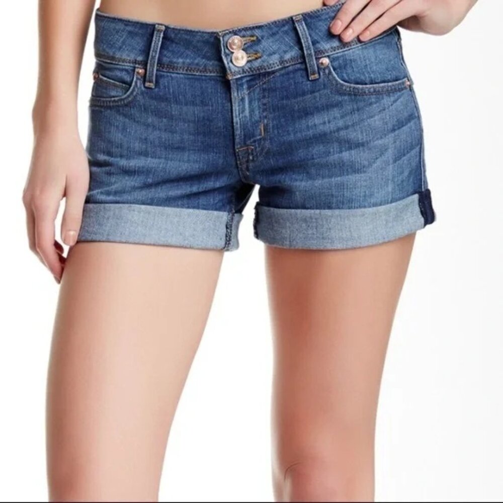 Hudson Ruby Mid Thigh Short Medium Wash Blue Denim Shorts w/Rolled Hem - Size 28